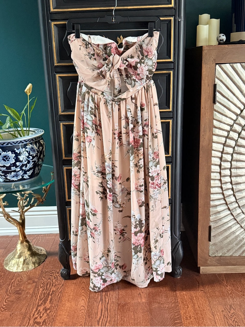 Strapless Floral Maxi Dress in Blush Pink